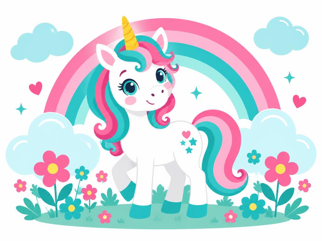 Illustratie Eenhoorns: regenboog, wolken, bloemen