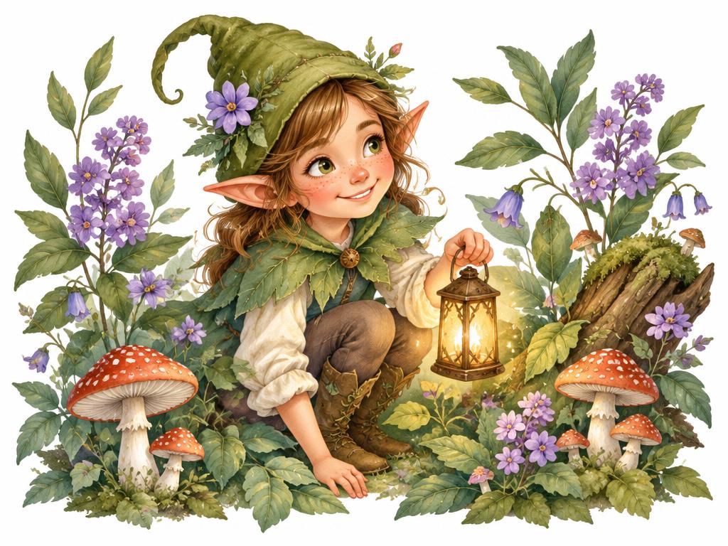 Illustratie Elfenbos: elf, paddenstoel, blad, bloem, lantaarn; saliegroen en lila