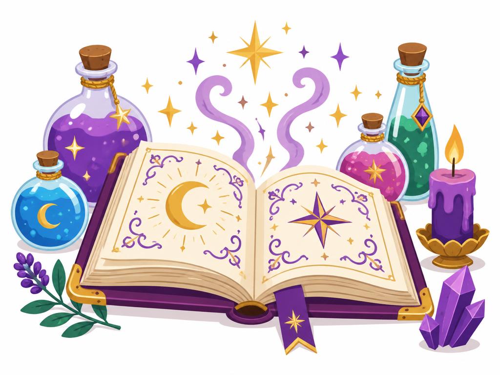 Illustratie Magische school: boek, sterren, flesjes