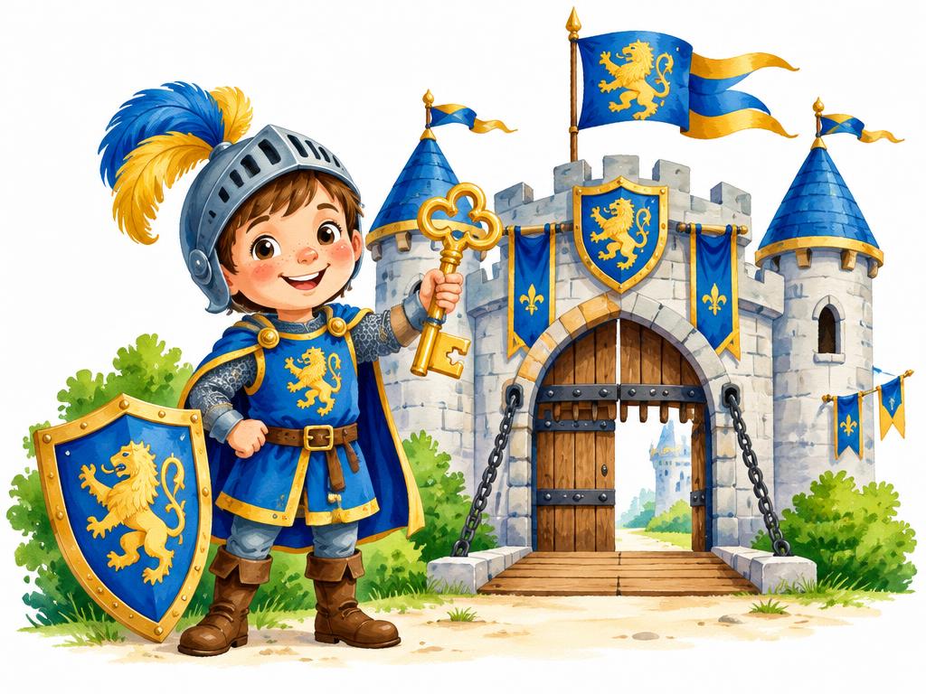 Illustratie Ridders: kasteel, schild, vlag, sleutel; blauw en goud