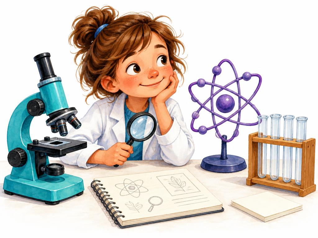 Illustratie Wetenschappers: microscoop, vergrootglas, atoom, reageerbuis; turquoise en violet